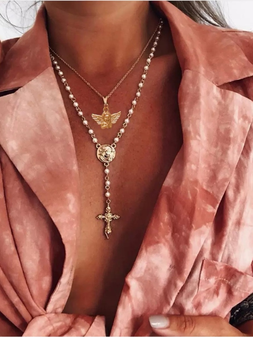 Anthropologie Gold Rosary Layered Dove & Cross Necklace
